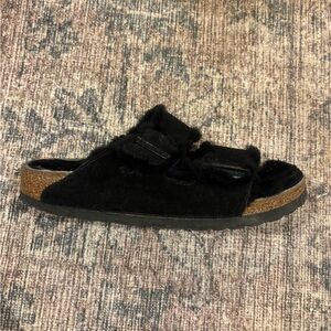 Birkenstock Black Fuzzy Slide Sandals
